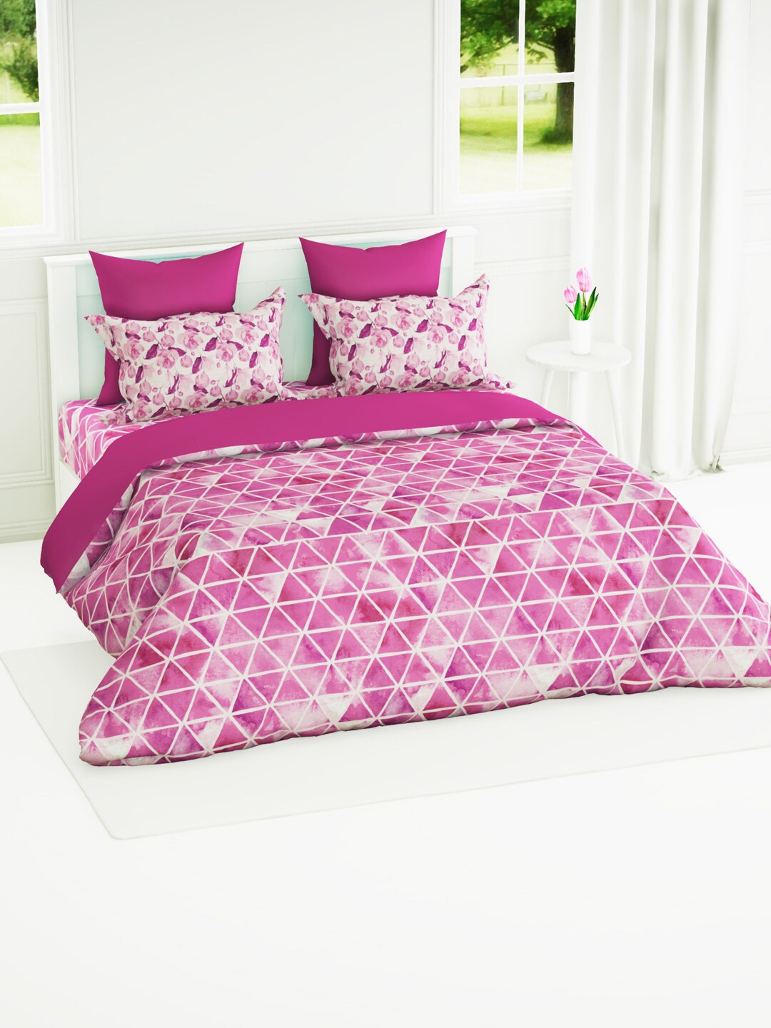 

BIANCA Pink & White Geometric 144 TC Single Bedsheet with 1 Pillow Covers