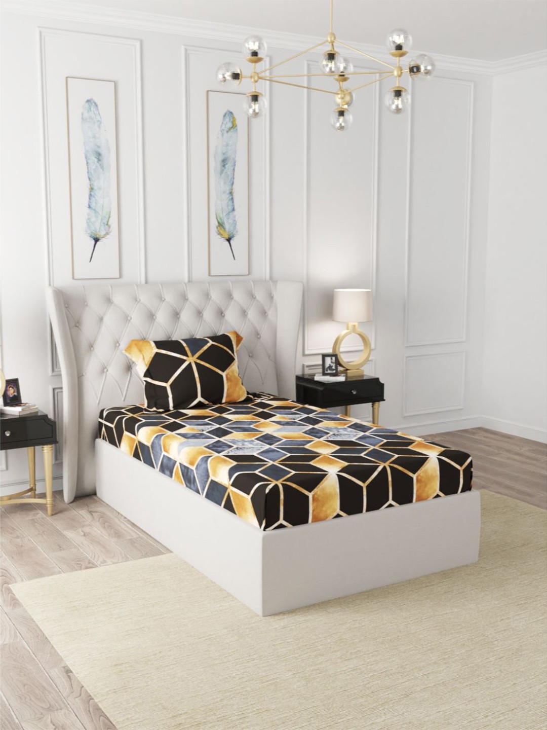 

BIANCA Grey & Blue Geometric 186 TC Single Bedsheet with 1 Pillow Covers