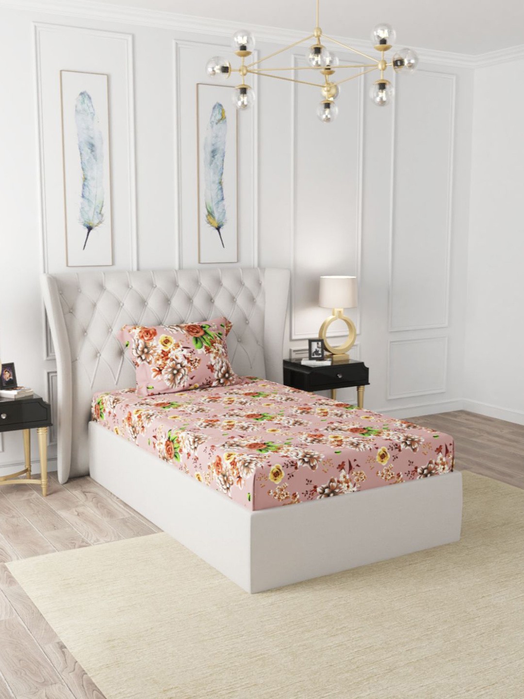 

BIANCA Brown & Green Floral 186 TC Single Bedsheet with 1 Pillow Covers