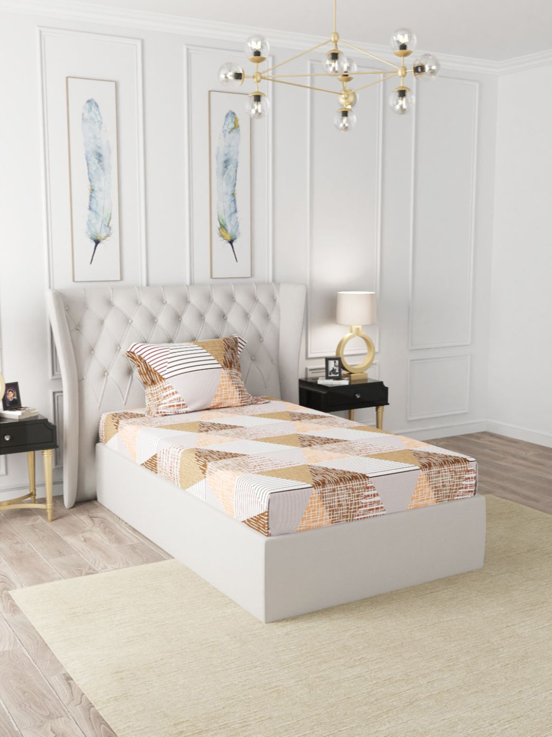 

BIANCA White & Brown Geometric 186 TC Single Bedsheet with 1 Pillow Covers