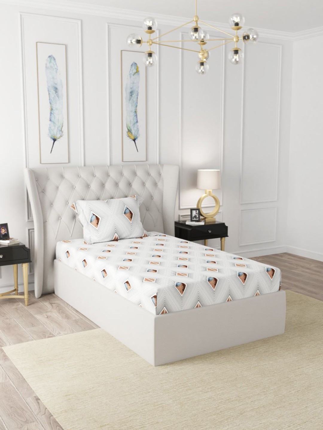 

BIANCA Geometric Printed 186 TC Single Bedsheet with 1 Pillow Cover, White