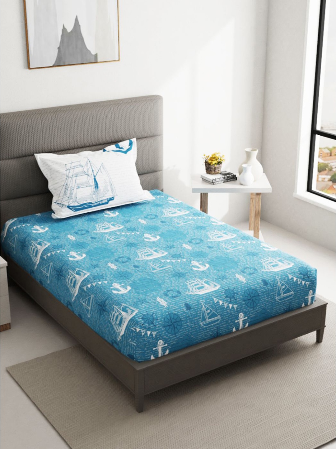 

BIANCA Blue & White Geometric 144 TC Single Bedsheet with 1 Pillow Covers