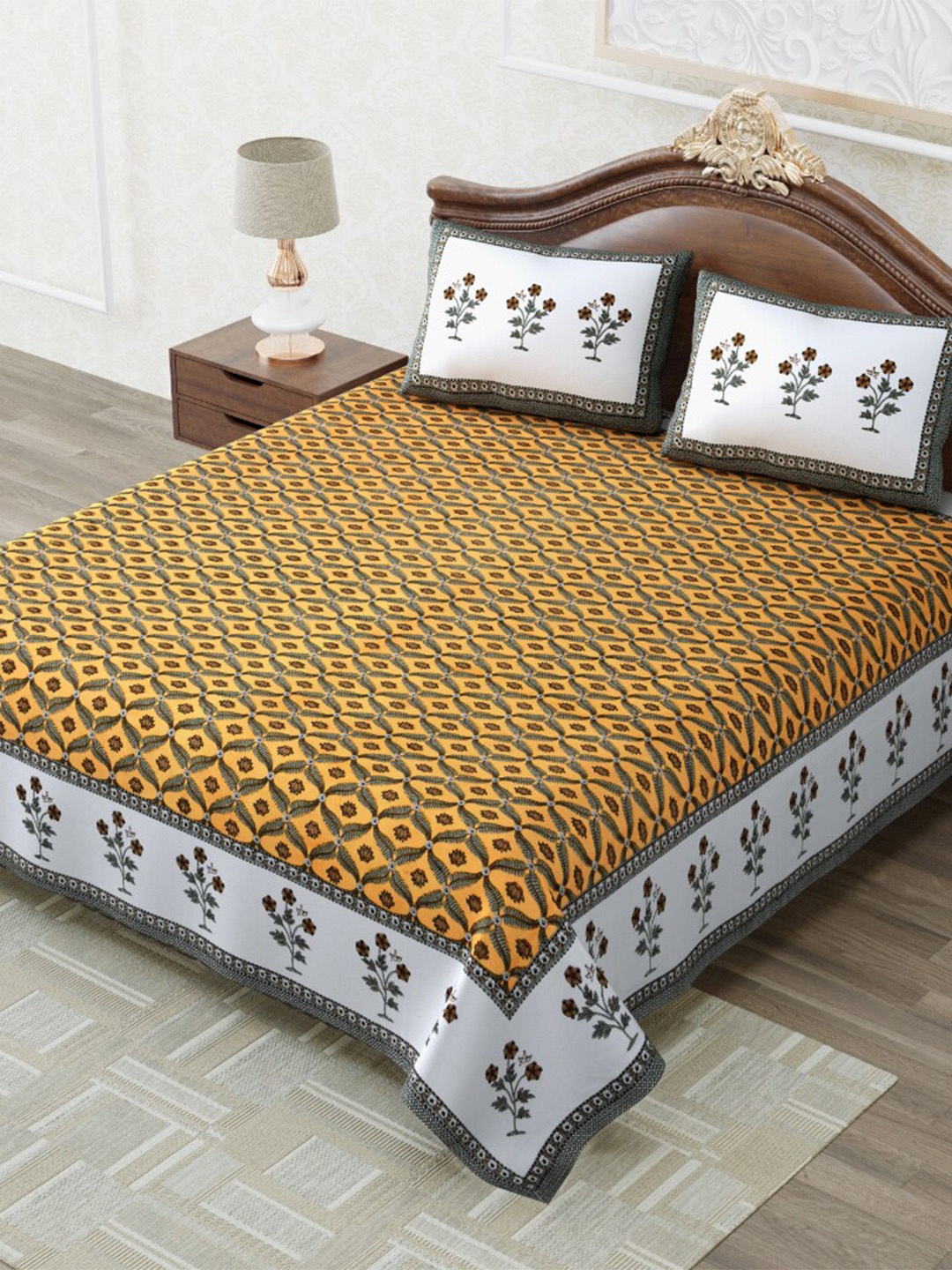 

MAFATLAL Floral Printed 210 TC King Bedsheet with 2 Pillow Covers, Mustard