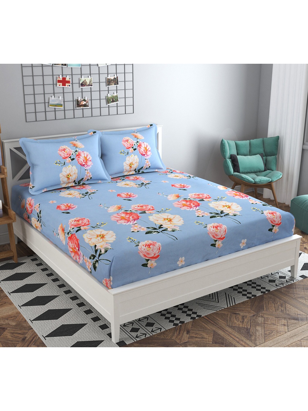 

MAFATLAL Blue & Pink Floral 160 TC Queen Bedsheet with 2 Pillow Covers