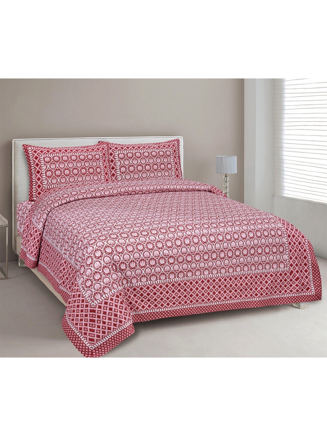 

MAFATLAL Pink & Off White Floral 210 TC Queen Bedsheet with 2 Pillow Covers