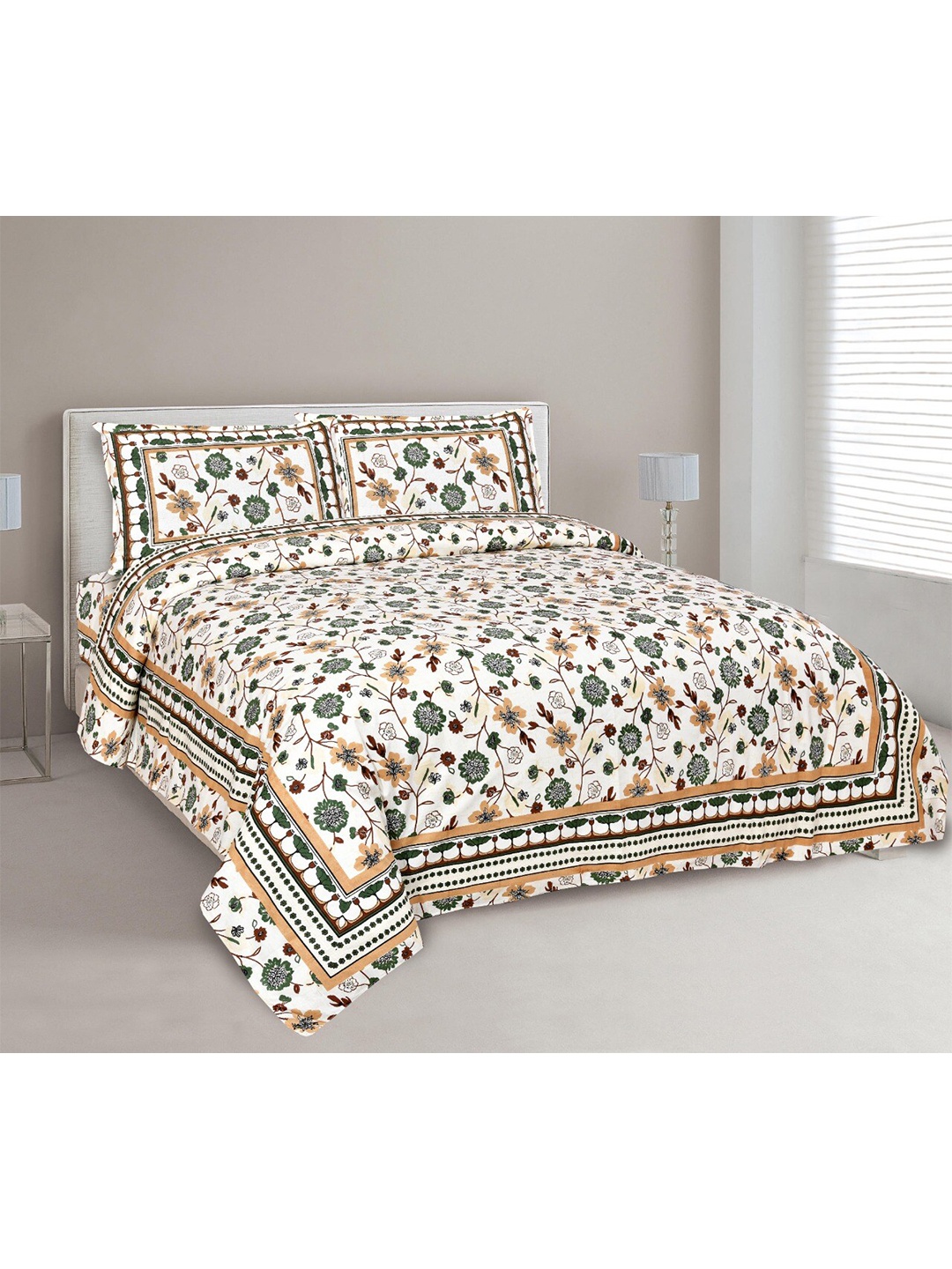 

MAFATLAL Peach-Coloured & Cream-Coloured Floral 210 TC Queen Bedsheet with 2 Pillow Covers