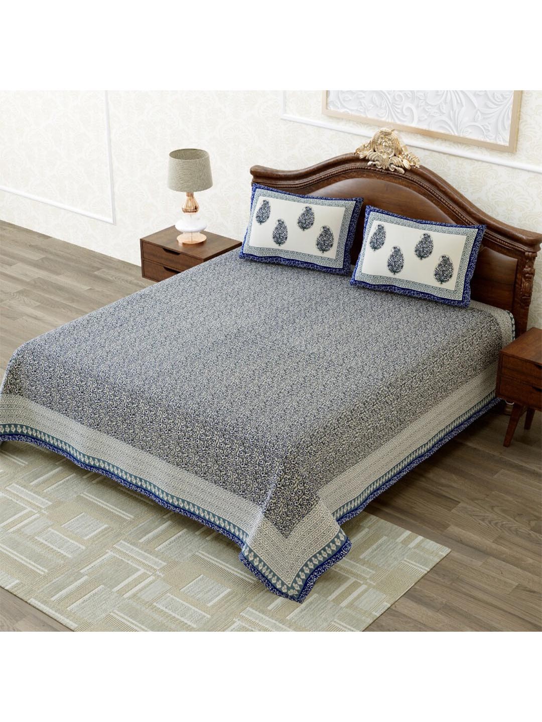 

MAFATLAL Blue & Off White Floral 210 TC King Bedsheet with 2 Pillow Covers