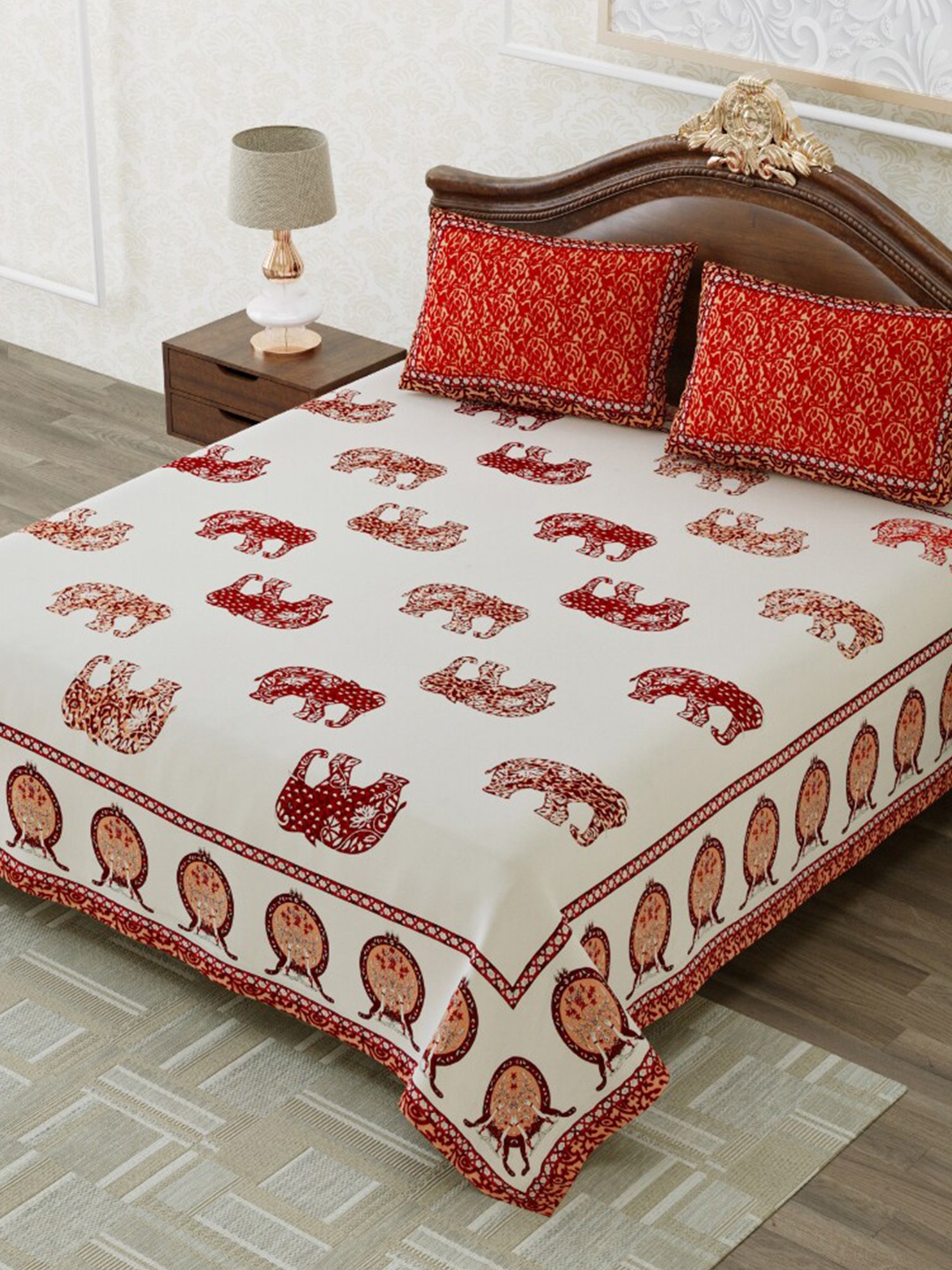 

MAFATLAL Red & Off White Ethnic Motifs 210 TC King Bedsheet with 2 Pillow Covers