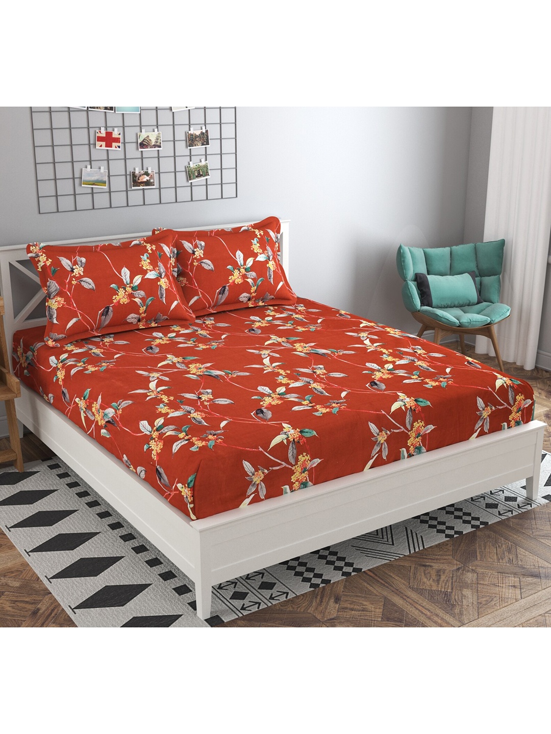 

MAFATLAL Red & Yellow Floral 160 TC Queen Bedsheet with 2 Pillow Covers