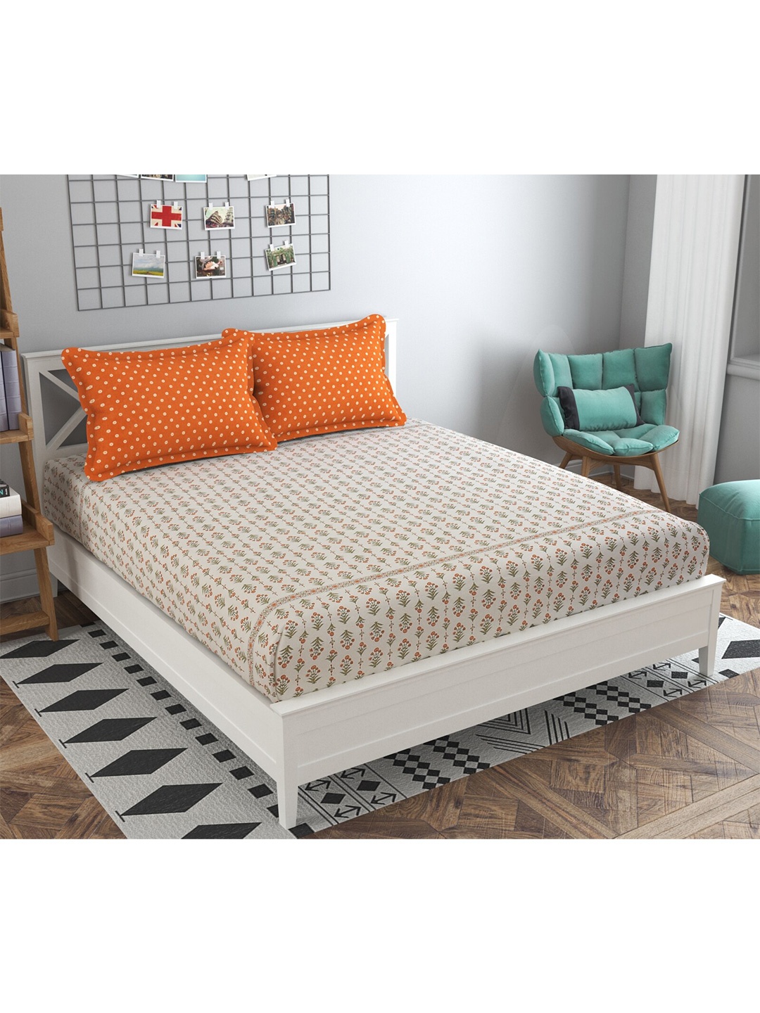 

MAFATLAL Orange & White Floral 210 TC King Bedsheet with 2 Pillow Covers