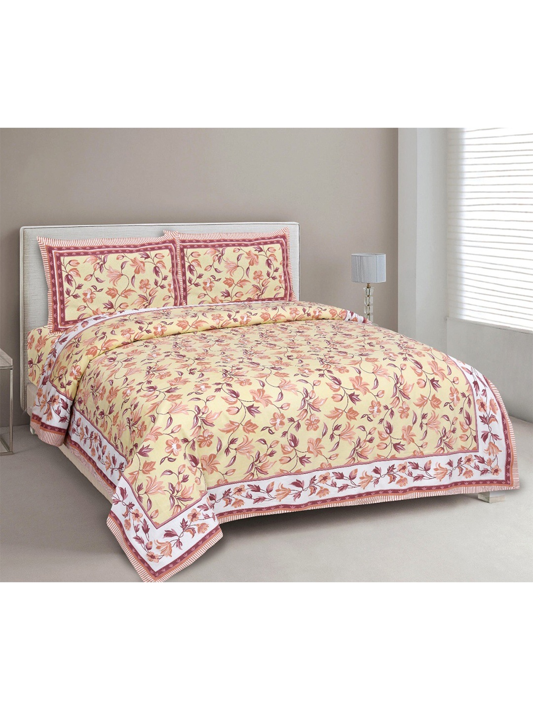 

MAFATLAL Floral Printed 210 TC Queen Bedsheet with 2 Pillow Covers, Grey