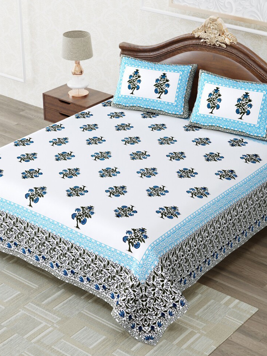 

MAFATLAL Blue & White Ethnic Motifs 210 TC Queen Bedsheet with 2 Pillow Covers