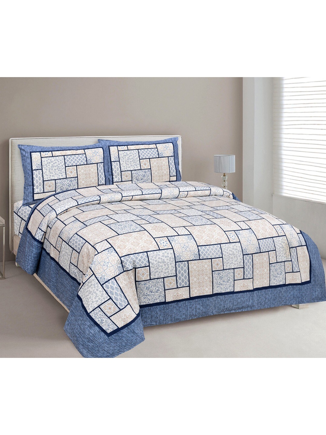 

MAFATLAL Beige & Blue Geometric 210 TC King Bedsheet with 2 Pillow Covers