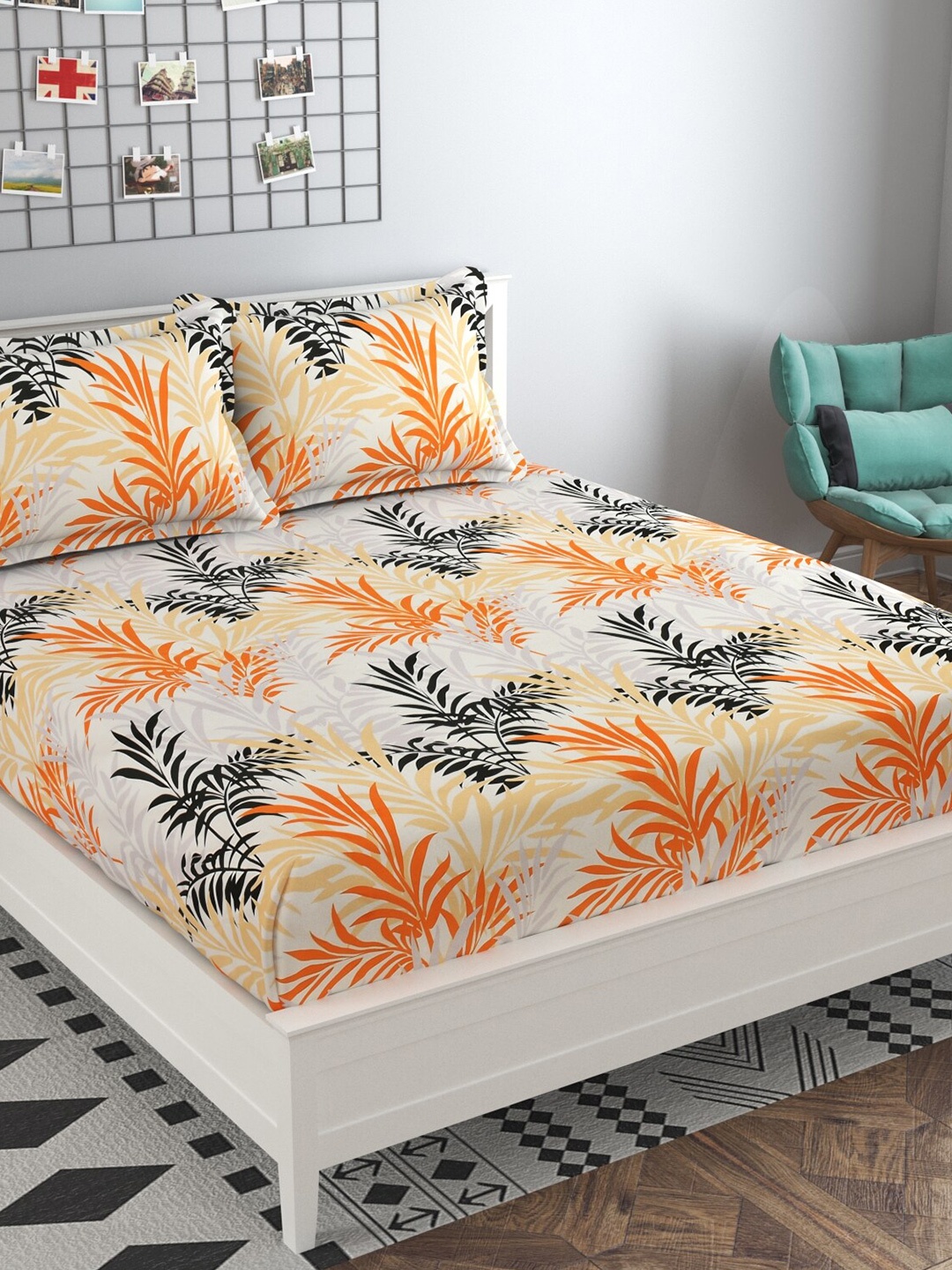 

MAFATLAL Orange & White Graphic 160 TC Queen Bedsheet with 2 Pillow Covers