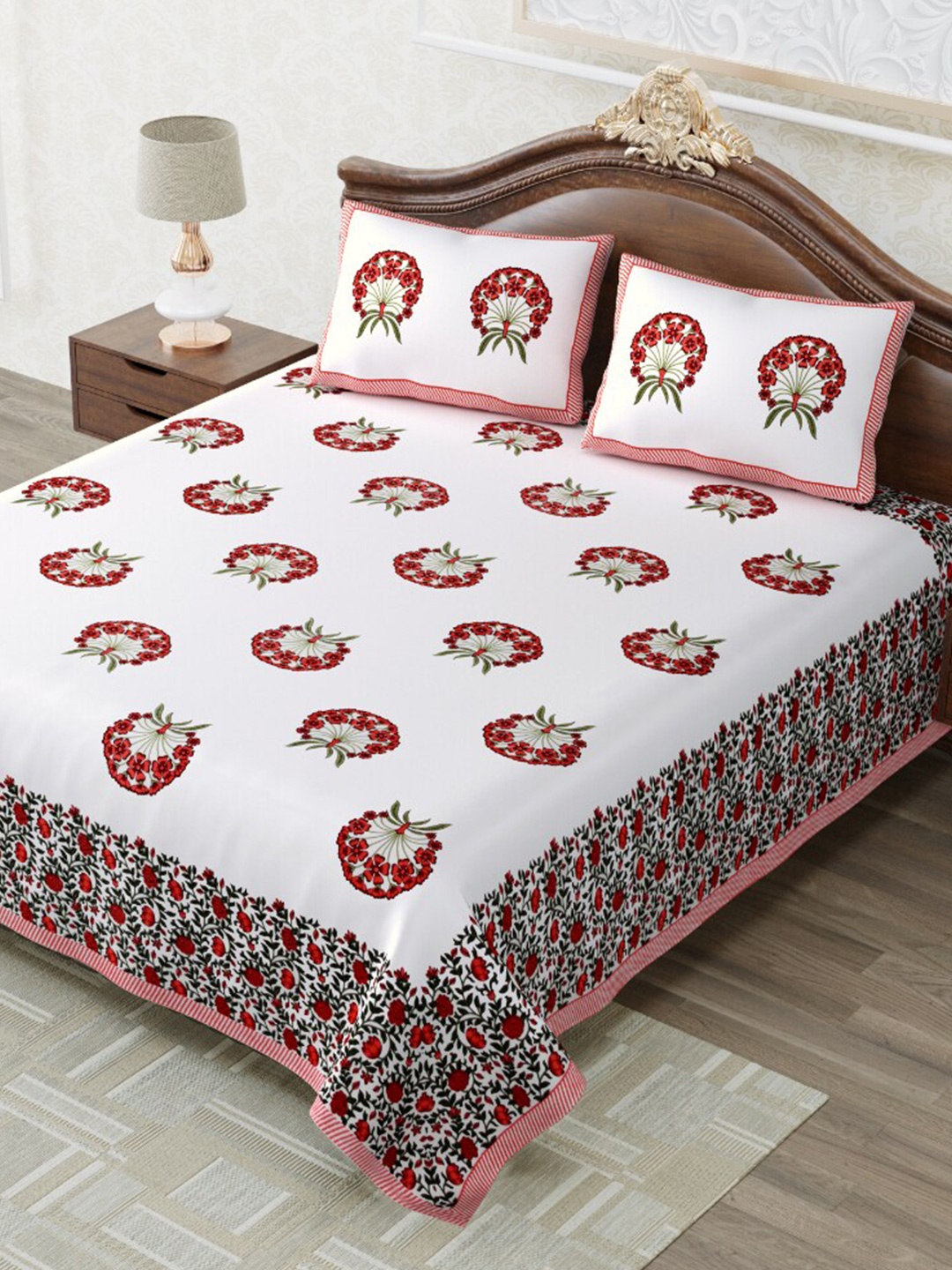 

MAFATLAL Red & Off White Floral 210 TC King Bedsheet with 2 Pillow Covers