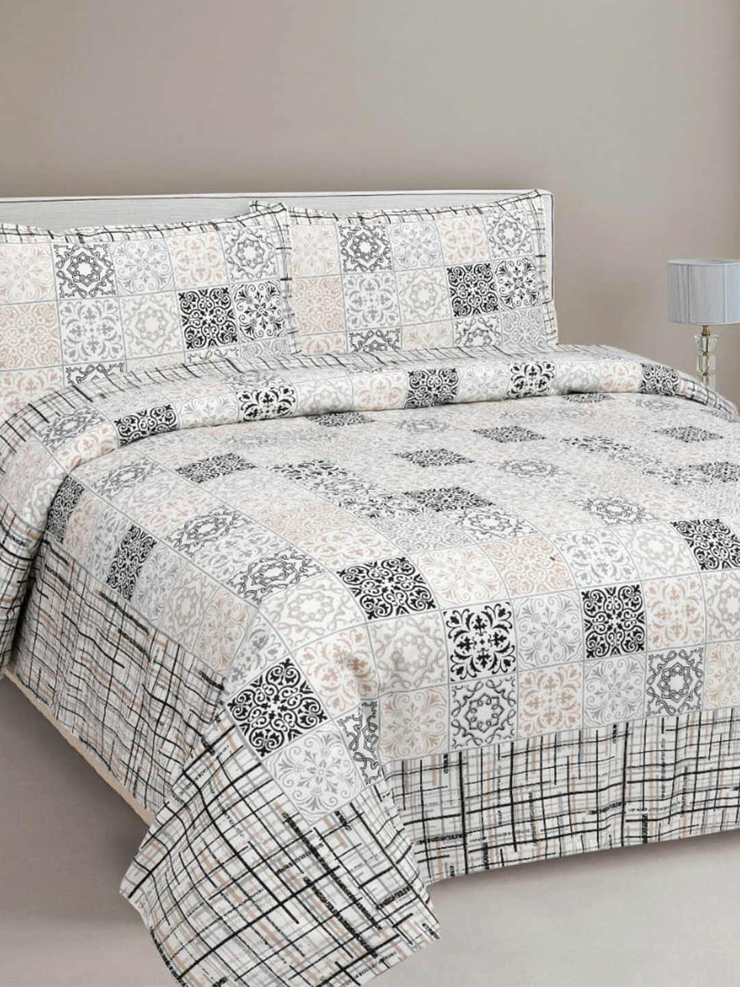 

MAFATLAL White & Black Ethnic Motifs 210 TC King Bedsheet with 2 Pillow Covers