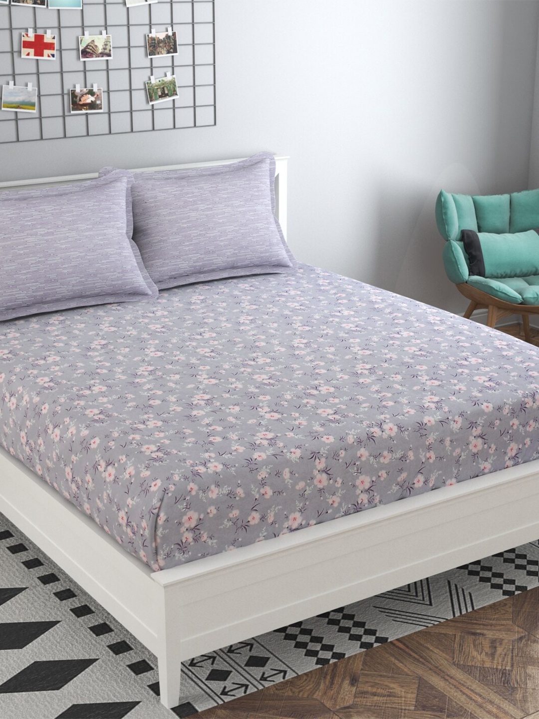 

MAFATLAL Floral Printed 210 TC King Bedsheet with 2 Pillow Covers, Lavender