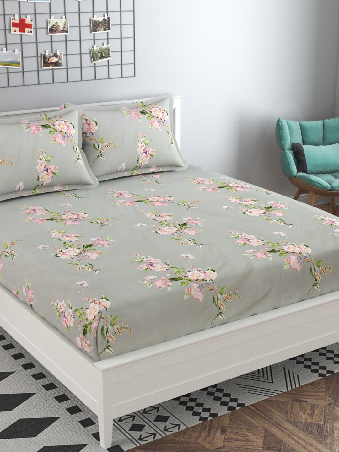 

MAFATLAL Grey & Pink Floral 160 TC Queen Bedsheet with 2 Pillow Covers