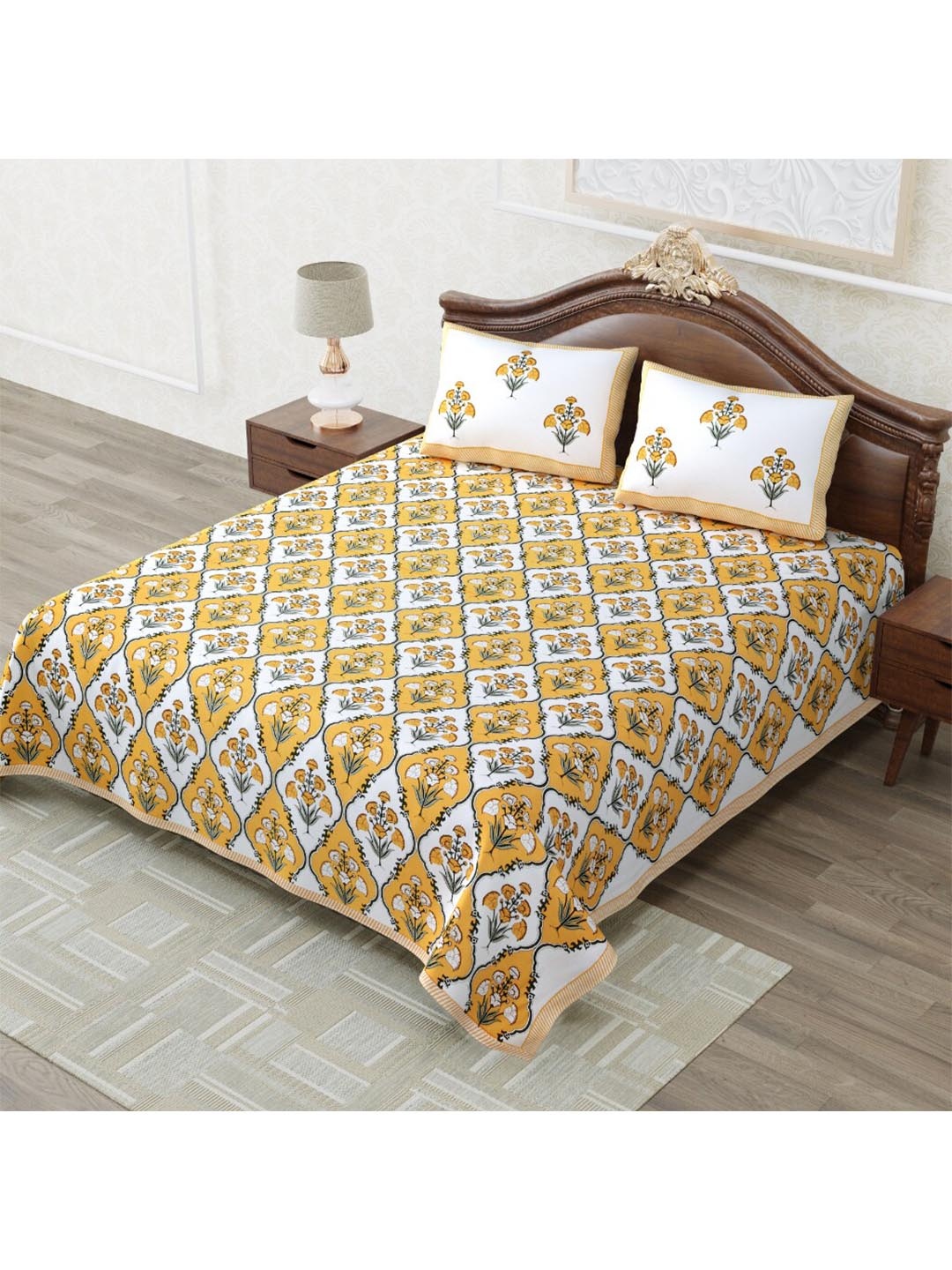 

MAFATLAL Yellow & Off White Floral 210 TC King Bedsheet with 2 Pillow Covers