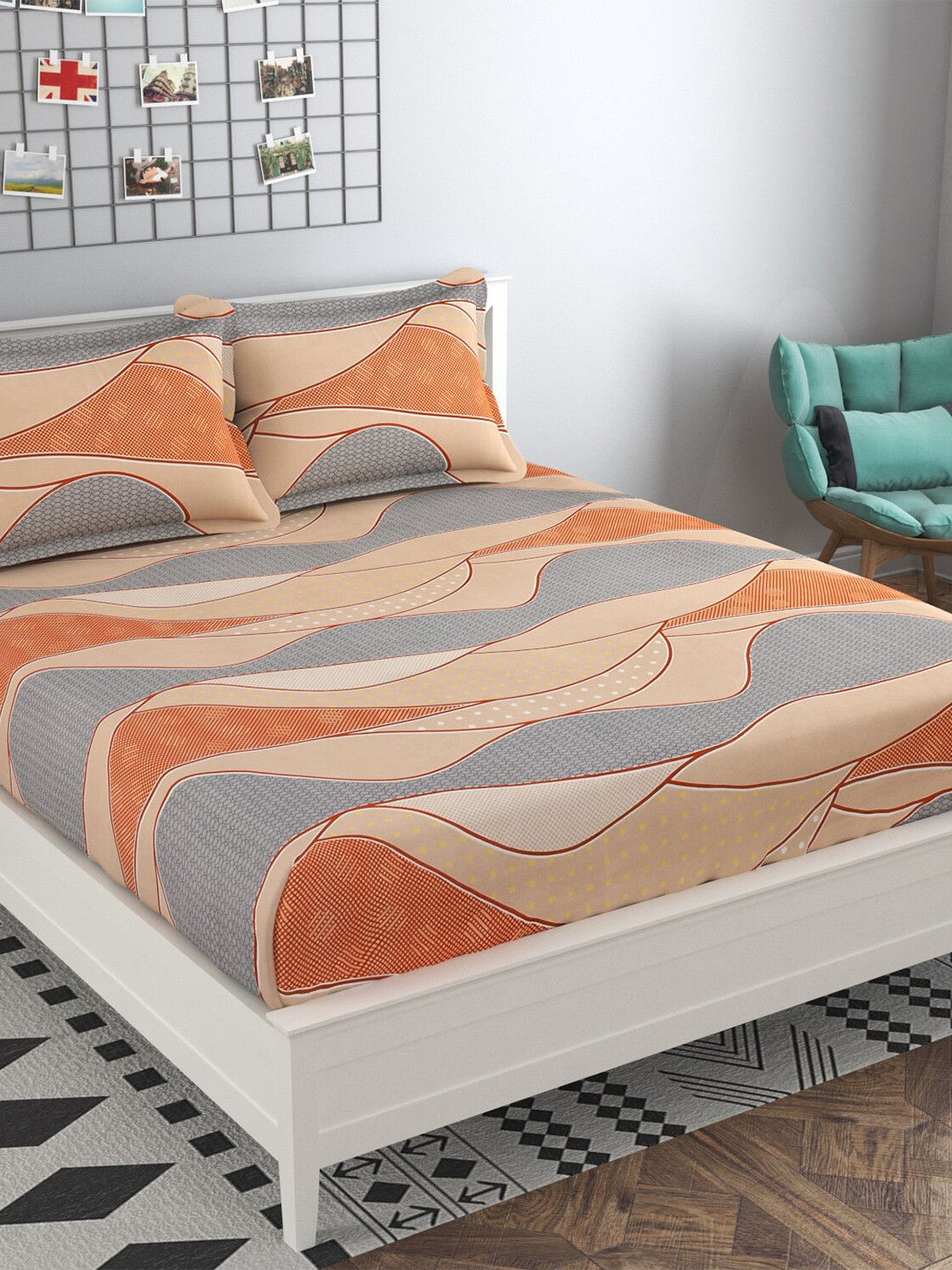 

MAFATLAL Abstract Printed 160 TC Queen Bedsheet with 2 Pillow Covers, Orange