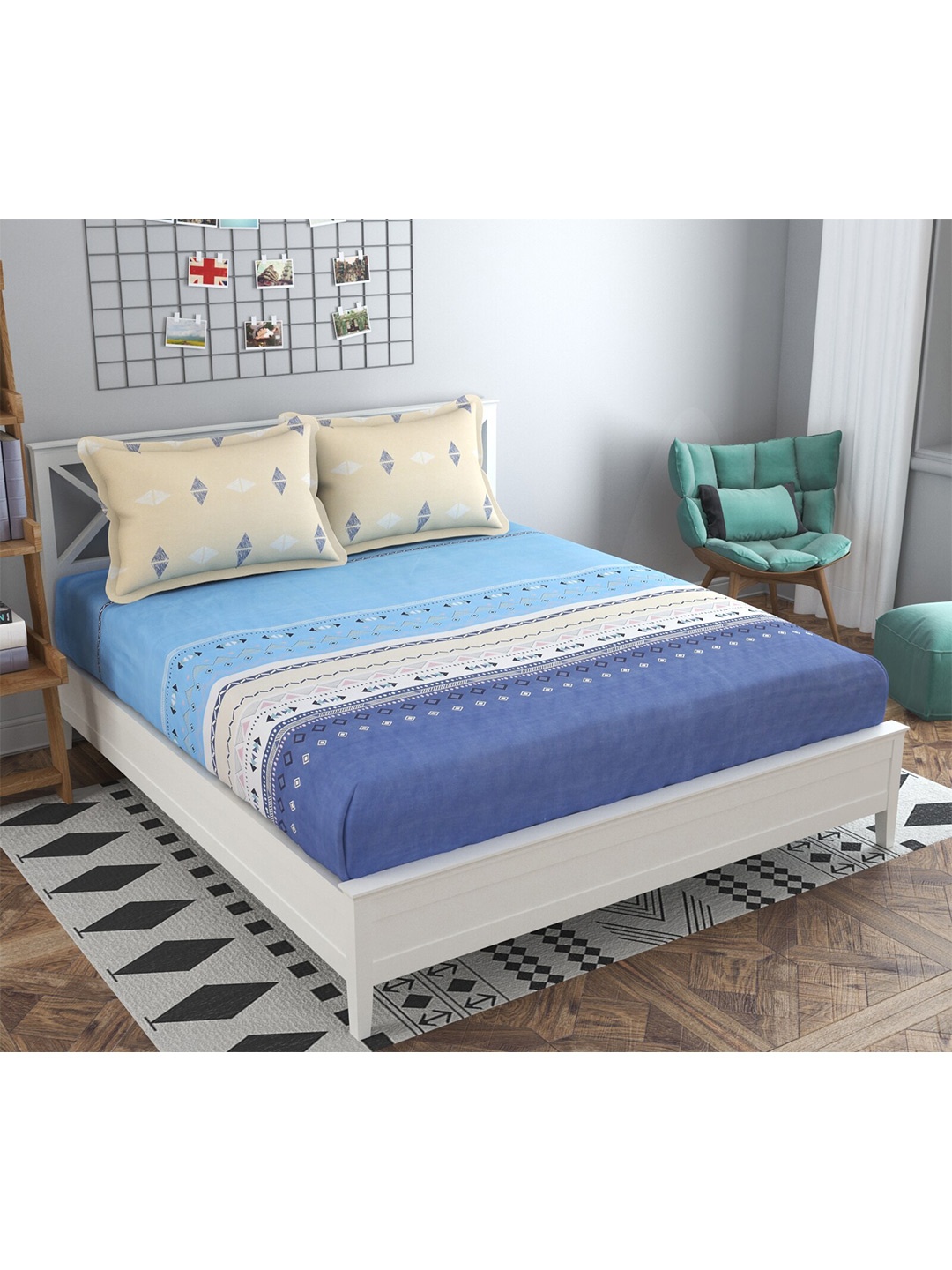 

MAFATLAL Geometric Printed 210 TC Double King Bedsheet with 2 Pillow Covers, Blue