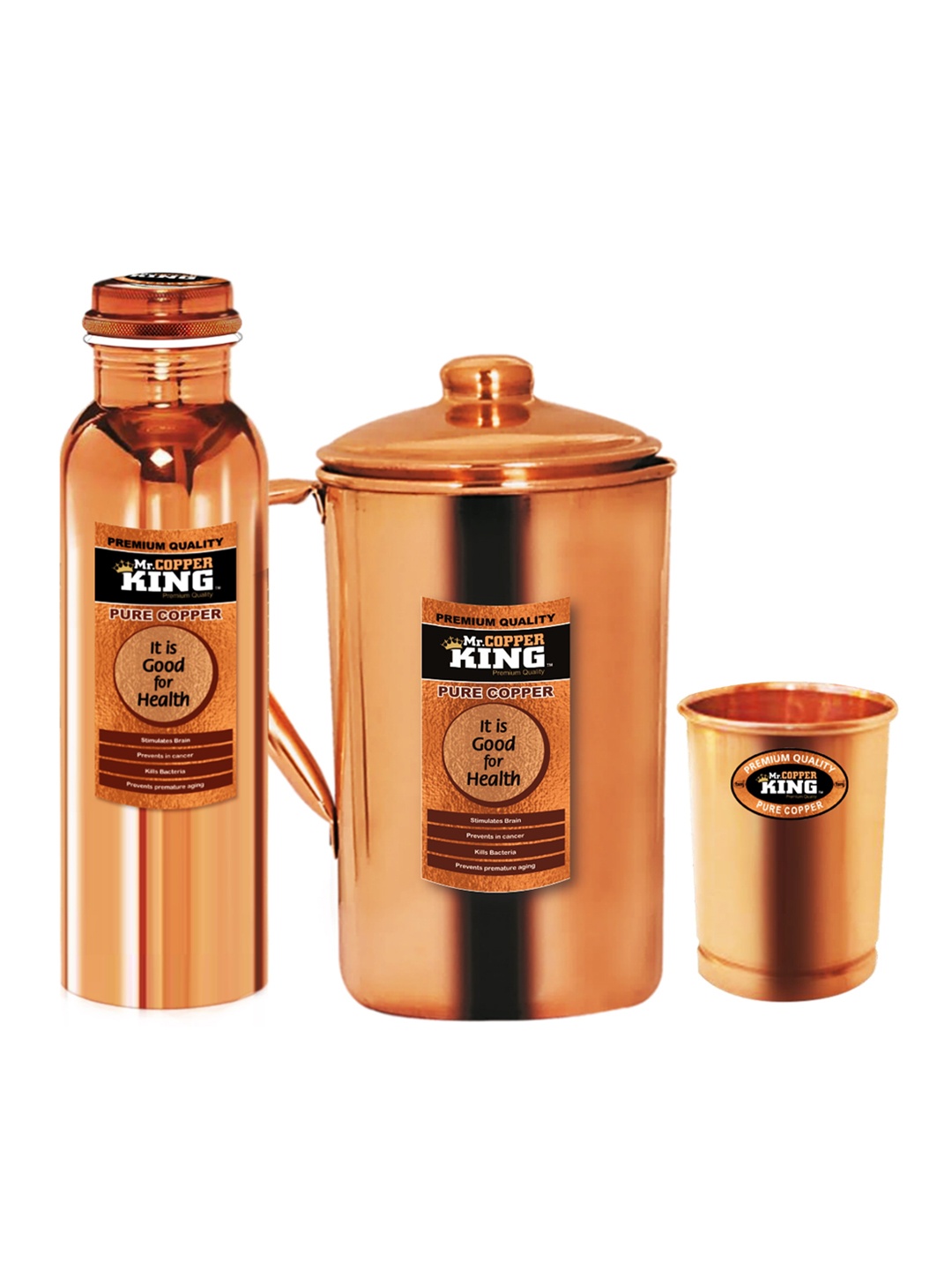 

MR. COPPER KING Set of 3 Copper Water Bottle & Jug With Glass