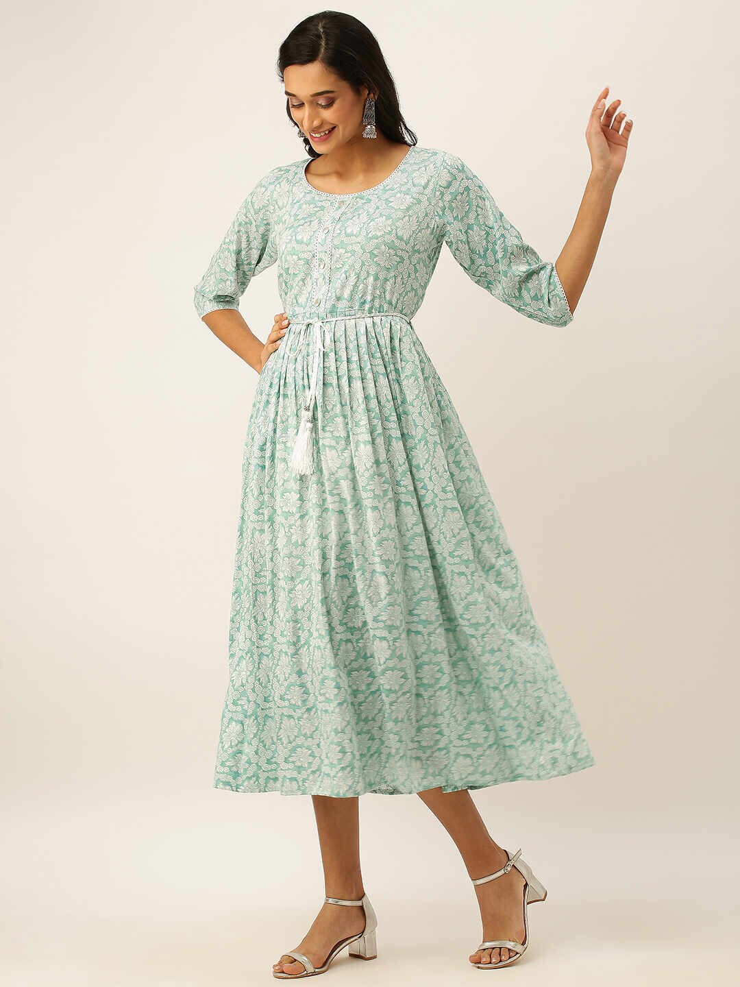 

ZOLA Women Floral Printed Midi Dress, Turquoise blue