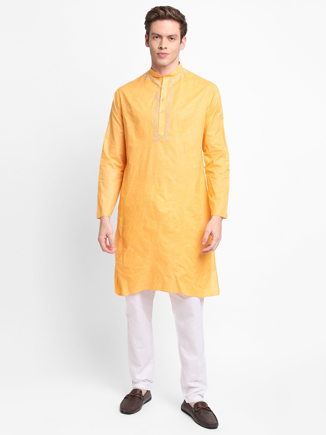 

DEVOILER Men Yellow Thread Work Kurta