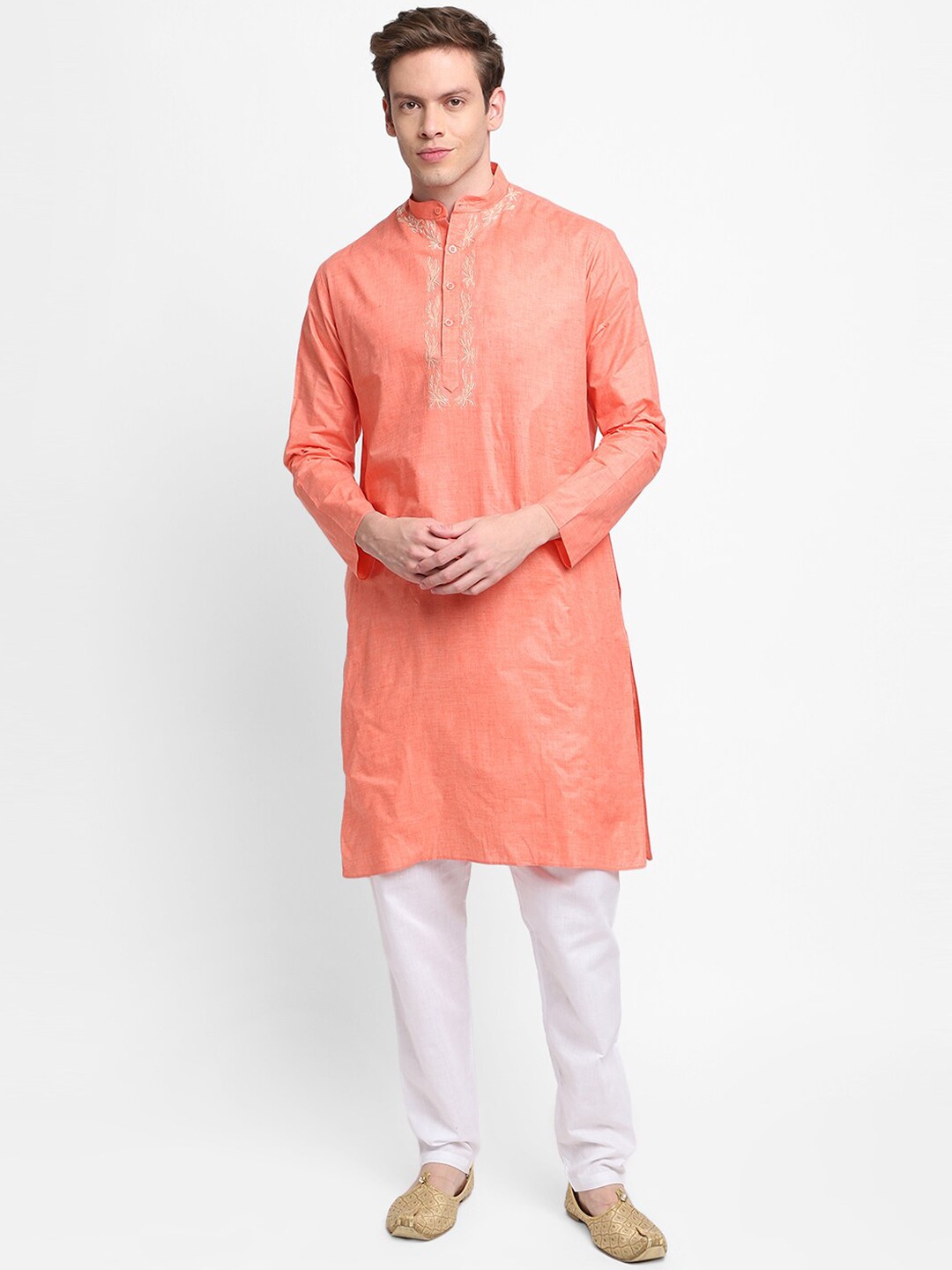 

DEVOILER Men Orange Embroidered Thread Work Kurta