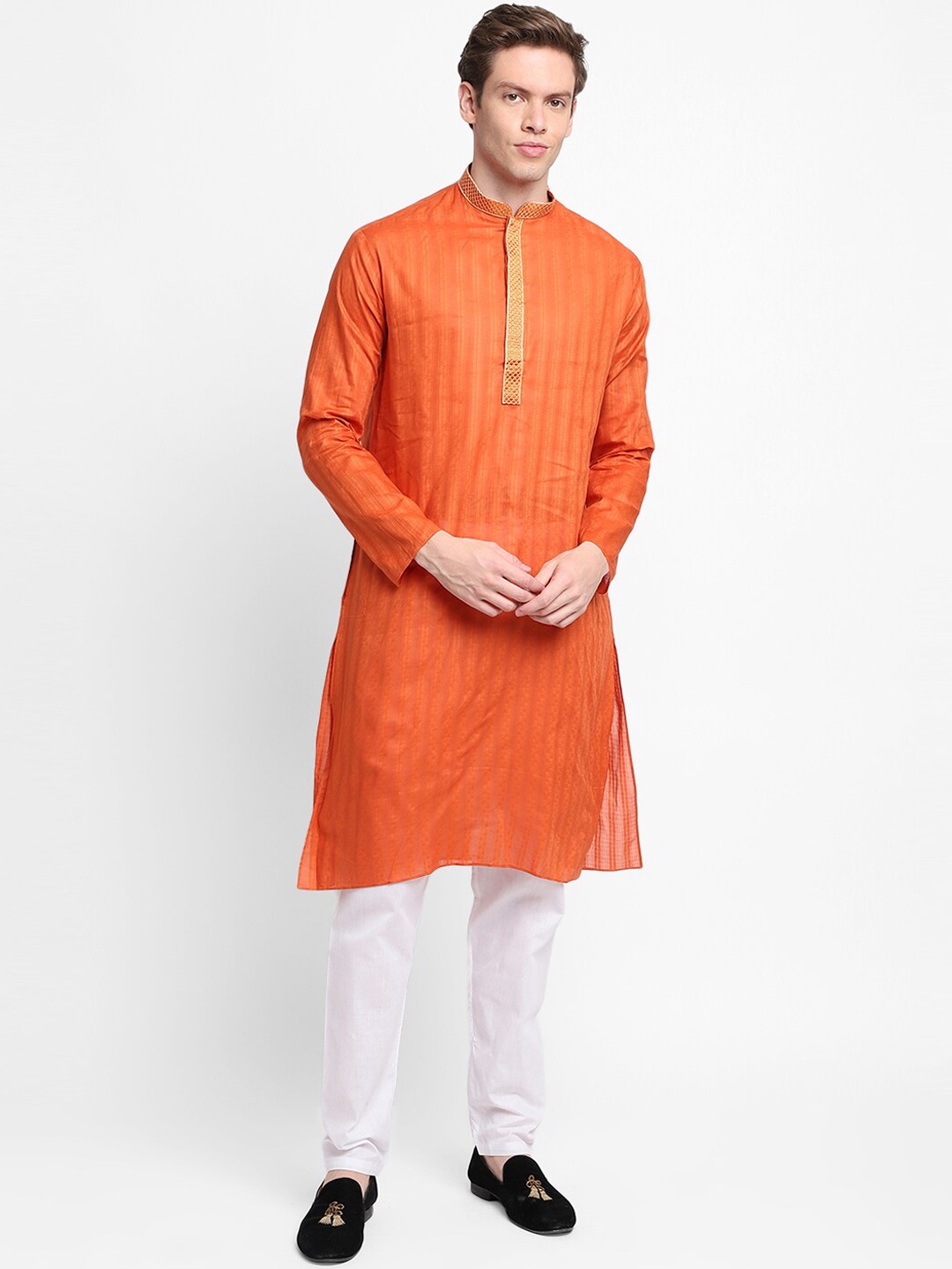 

DEVOILER Men Orange Striped Thread Work Kurta