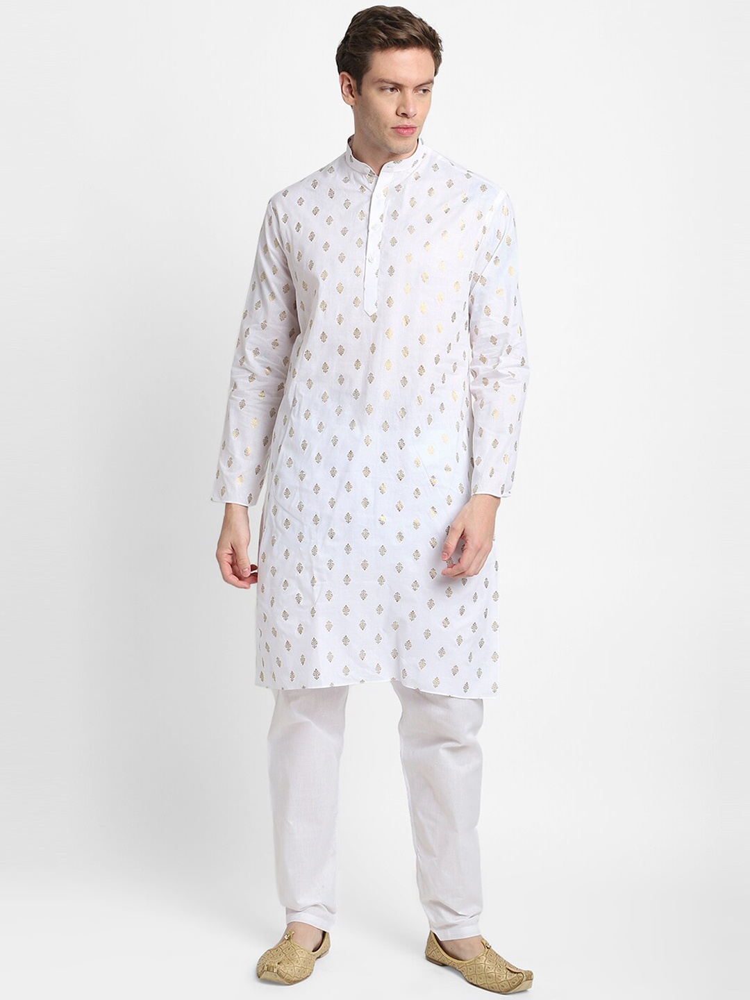 

DEVOILER Men White Floral Printed Kurta