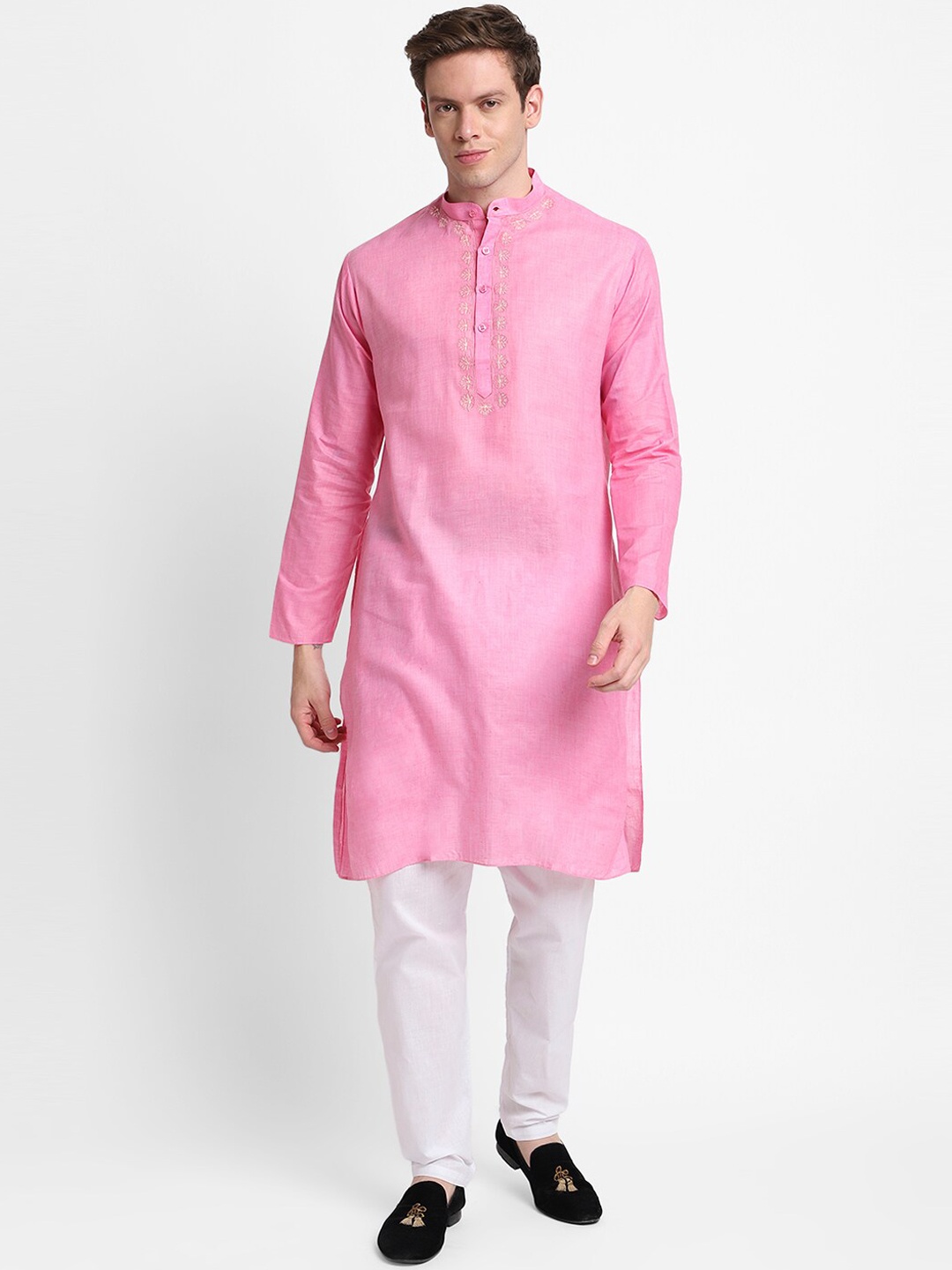 

DEVOILER Men Pink Embroidered Thread Work Kurta