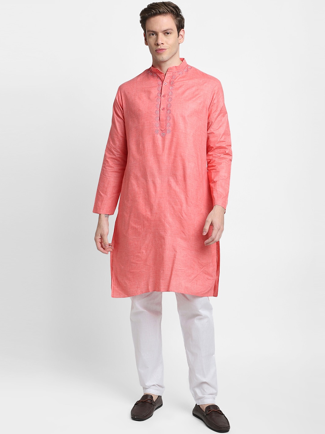 

DEVOILER Men Peach-Coloured Embroidered Thread Work Kurta