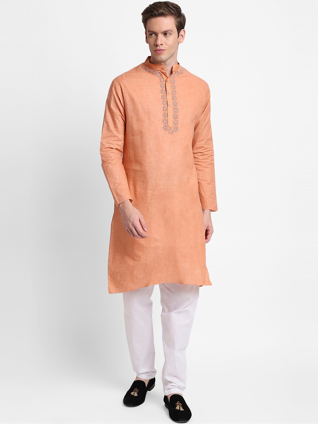 

DEVOILER Men Orange Embroidered Thread Work Kurta