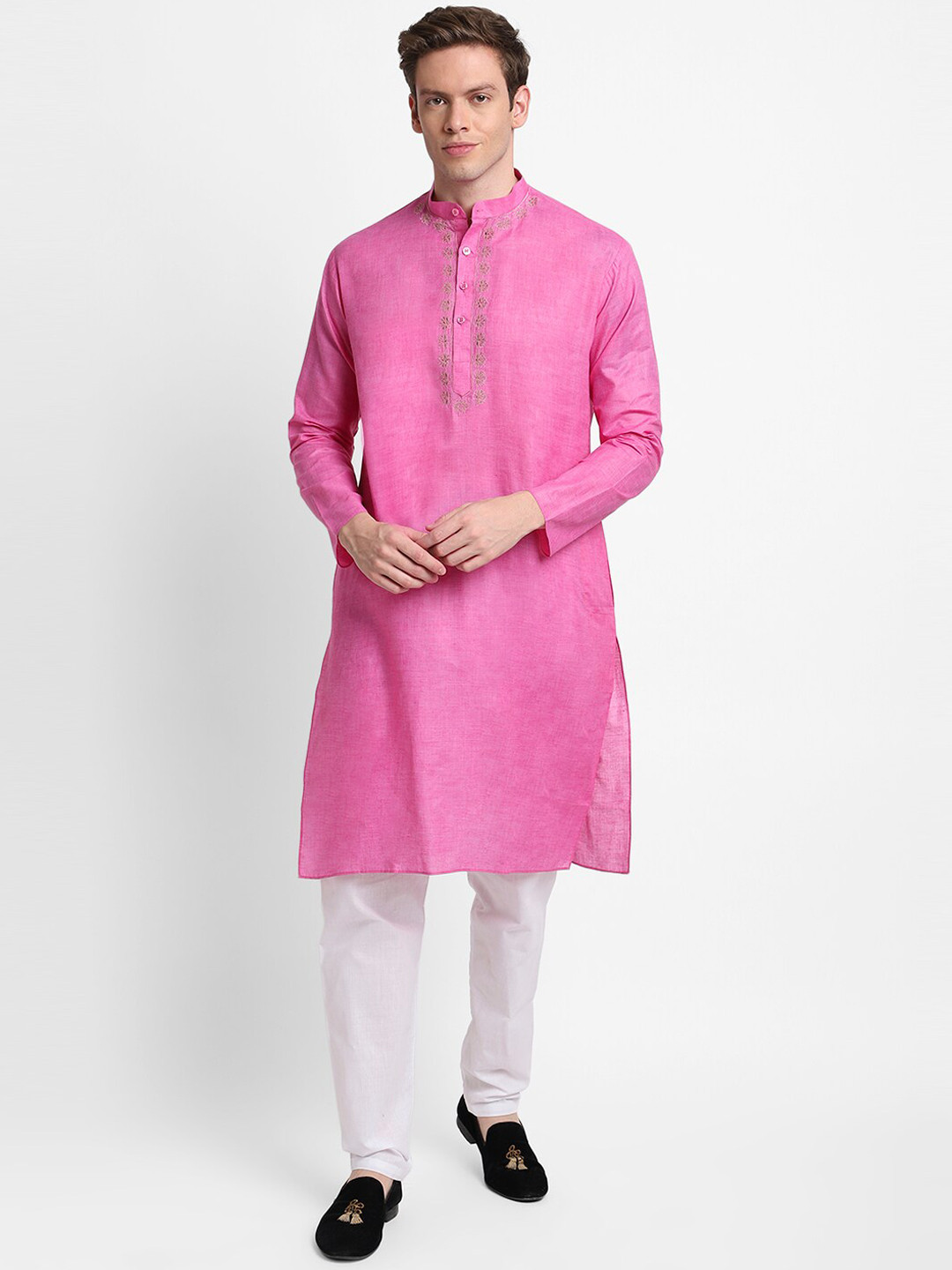 

DEVOILER Men Pink Embroidered Thread Work Kurta
