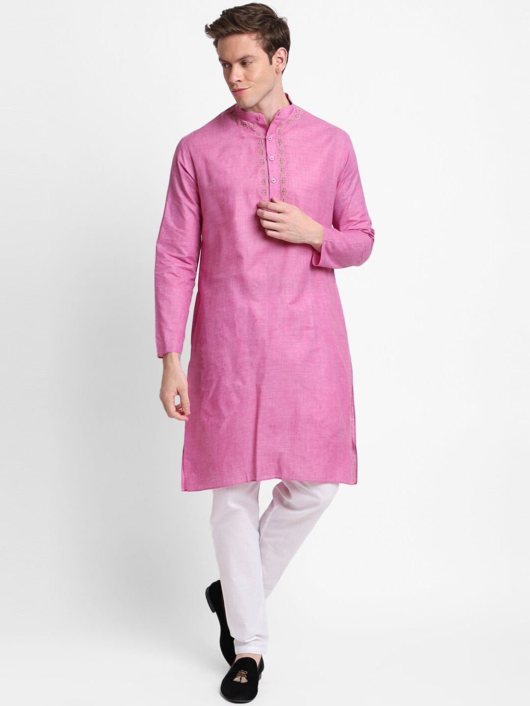 

DEVOILER Men Pink Embroidered Thread Work Kurta