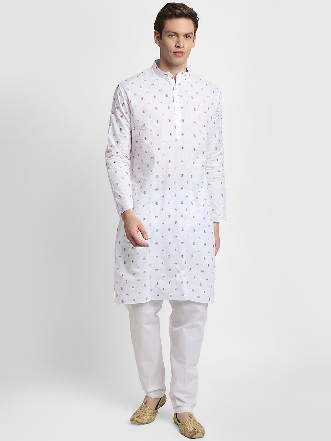 

DEVOILER Men White Floral Printed Thread Work Kurta