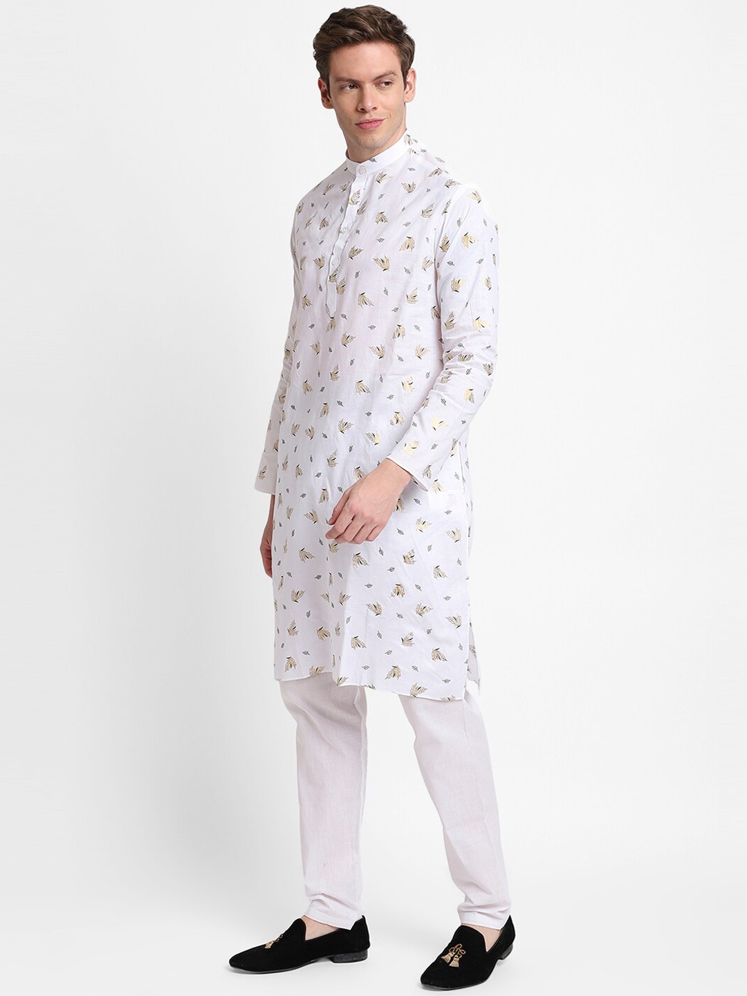 

DEVOILER Men White Cotton Floral Printed Kurta