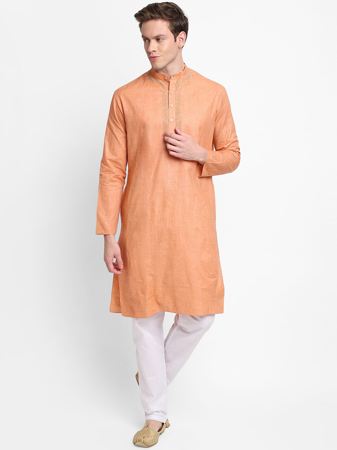 

DEVOILER Men Orange Floral Thread Work Kurta