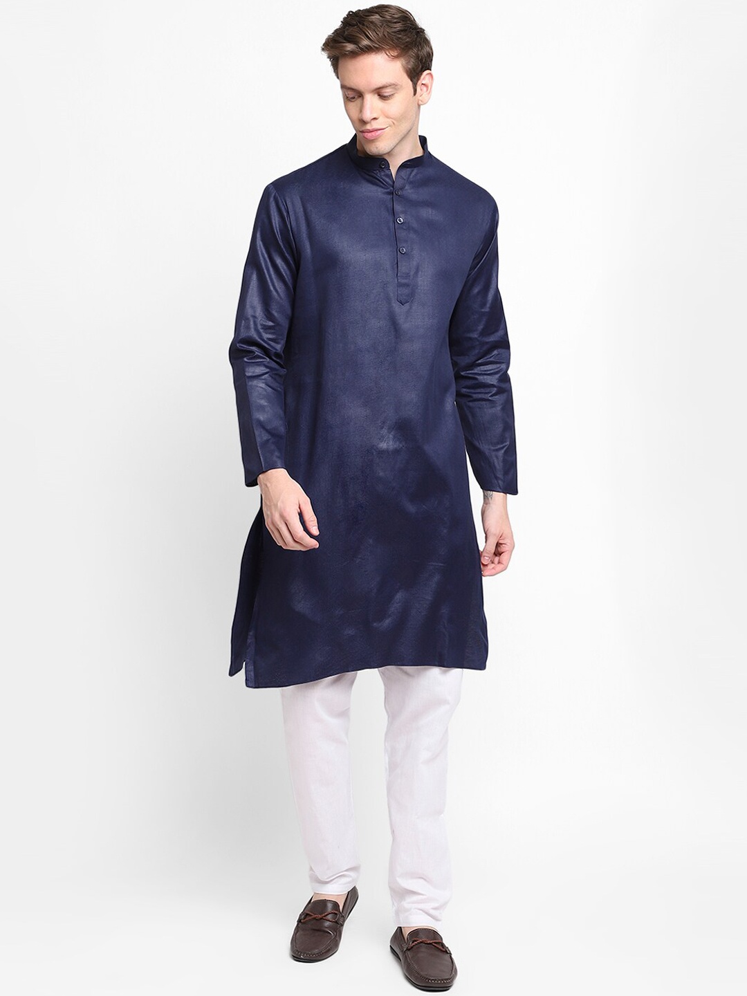 

DEVOILER Men Navy Blue Cotton Solid Mandarin collar Kurta