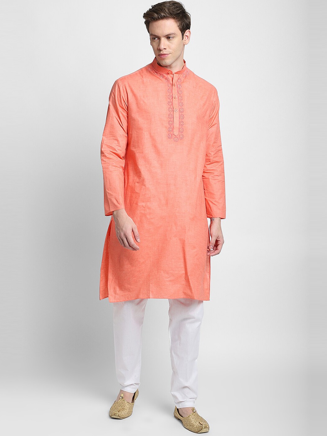 

DEVOILER Men Orange Woven Design Thread Work Kurta