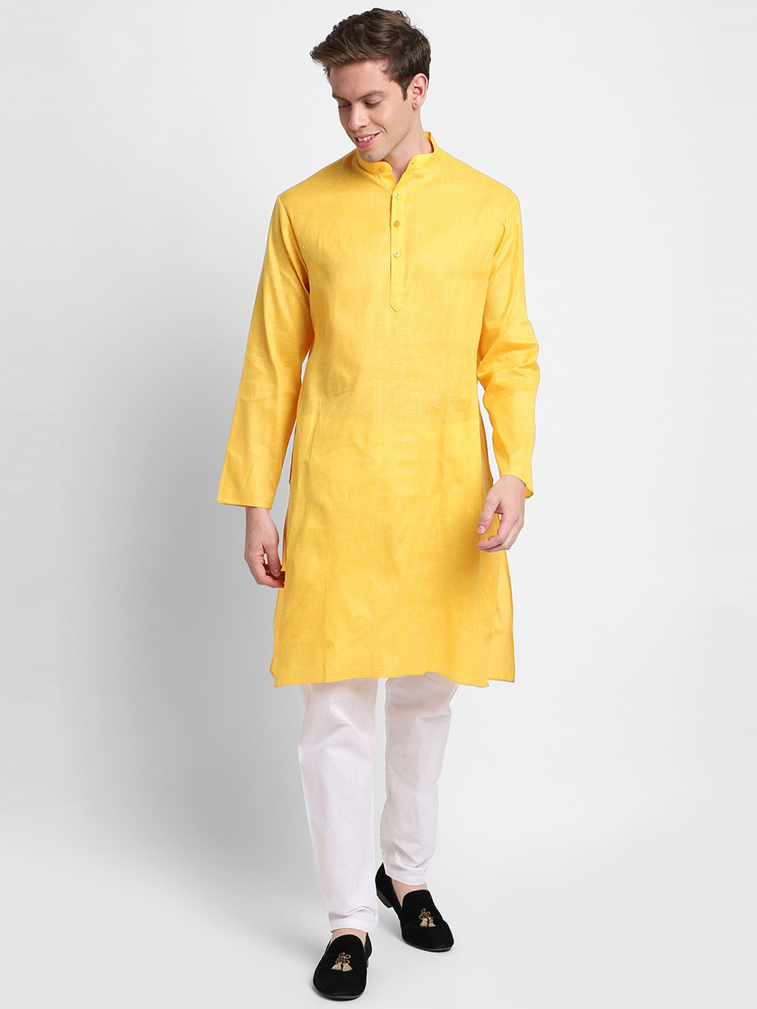 

DEVOILER Men Yellow Solid Cotton Straight Kurta