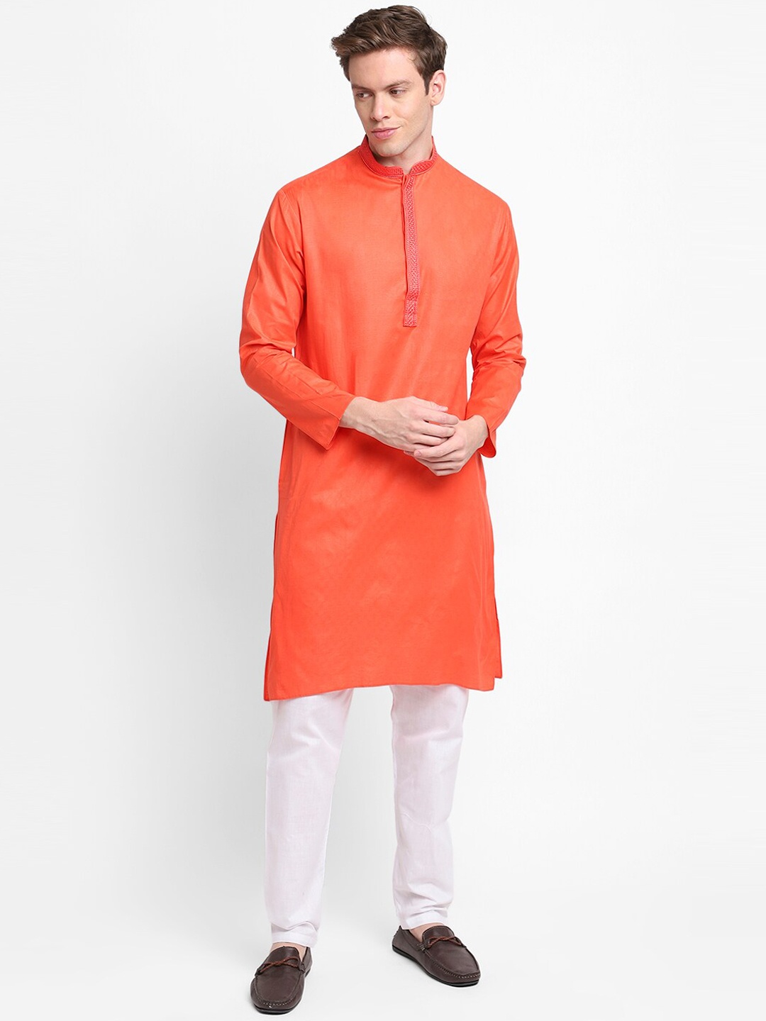 

DEVOILER Men Peach-Coloured Thread Work Kurta