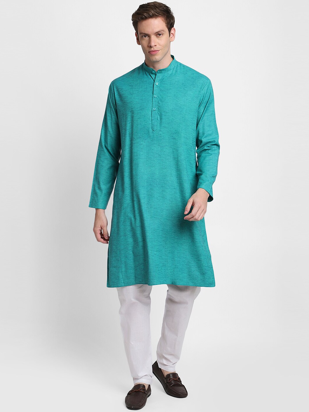 

DEVOILER Men Turquoise Blue Solid Cotton Silk Kurta