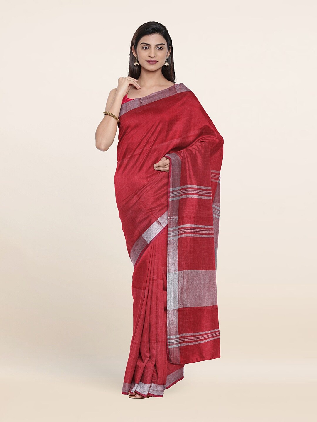 

Pothys Pink & Silver-Toned Zari Linen Blend Saree