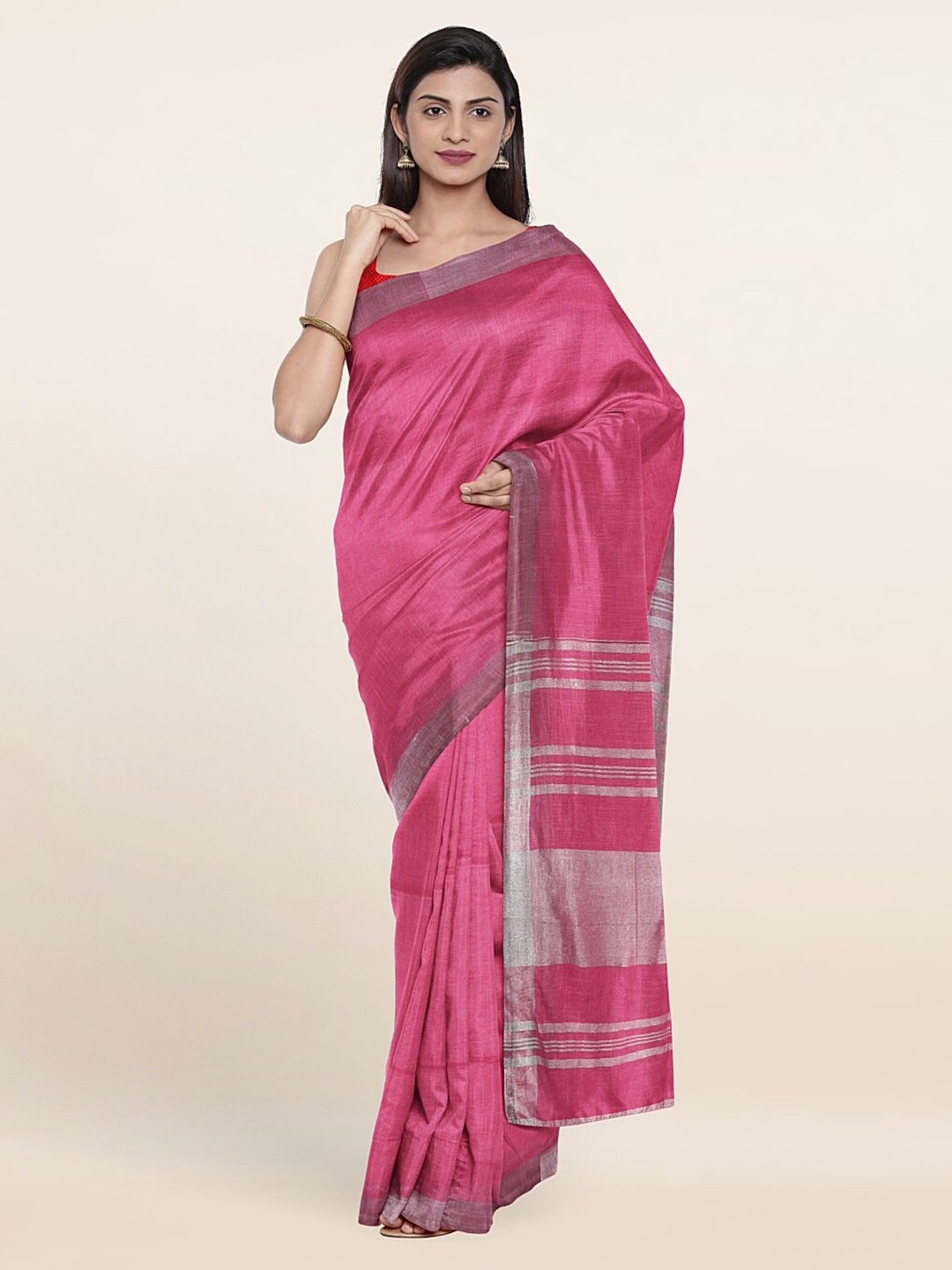 

Pothys Pink & Silver-Toned Zari Linen Blend Saree