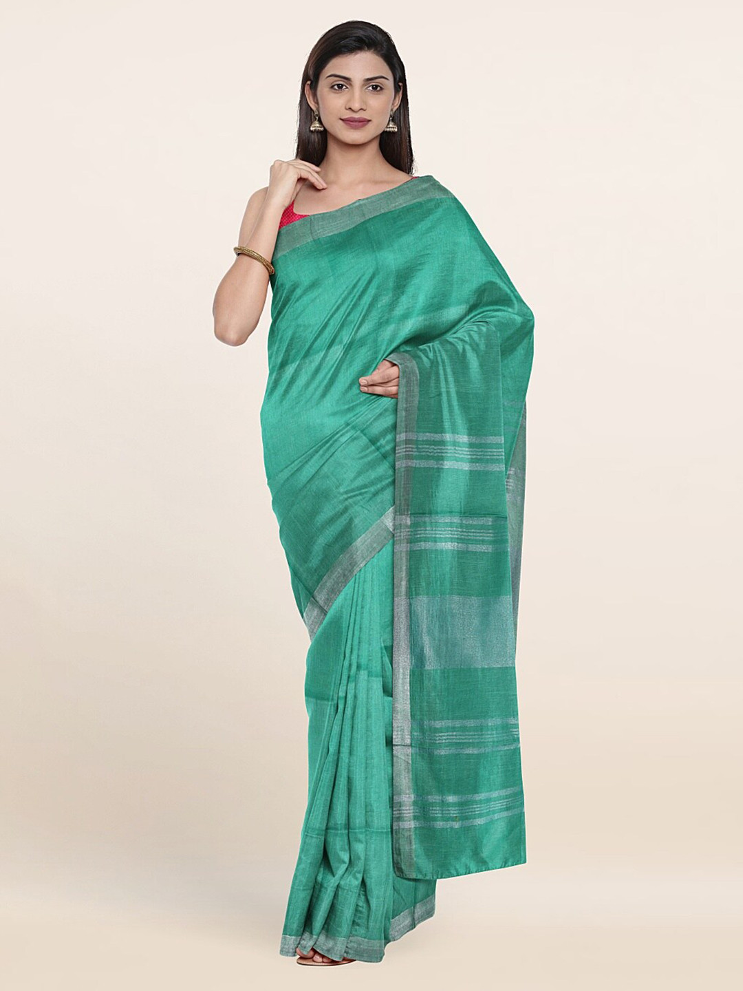 

Pothys Green & Silver-Toned Zari Linen Blend Saree