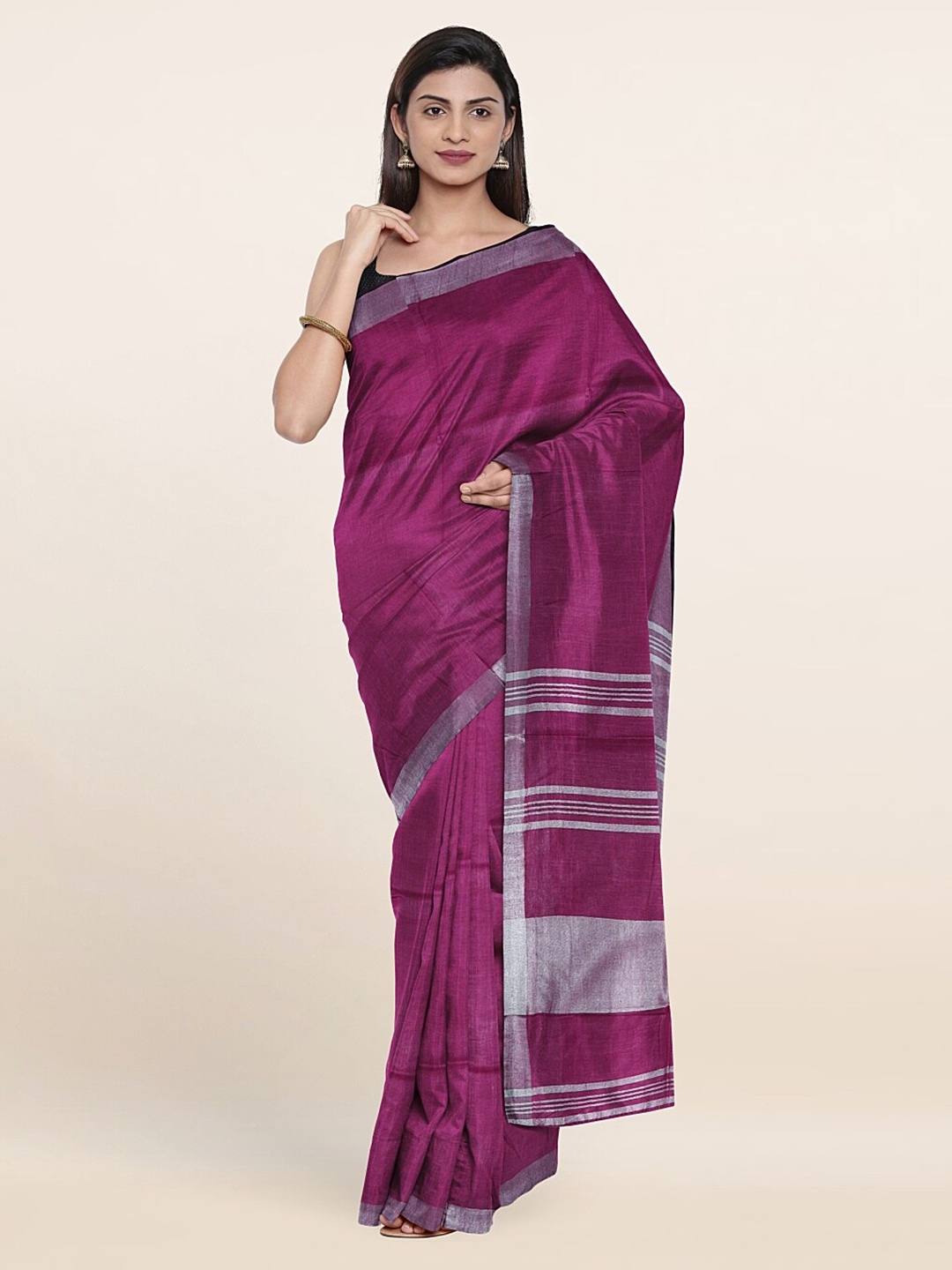 

Pothys Magenta & Silver-Toned Zari Linen Blend Saree