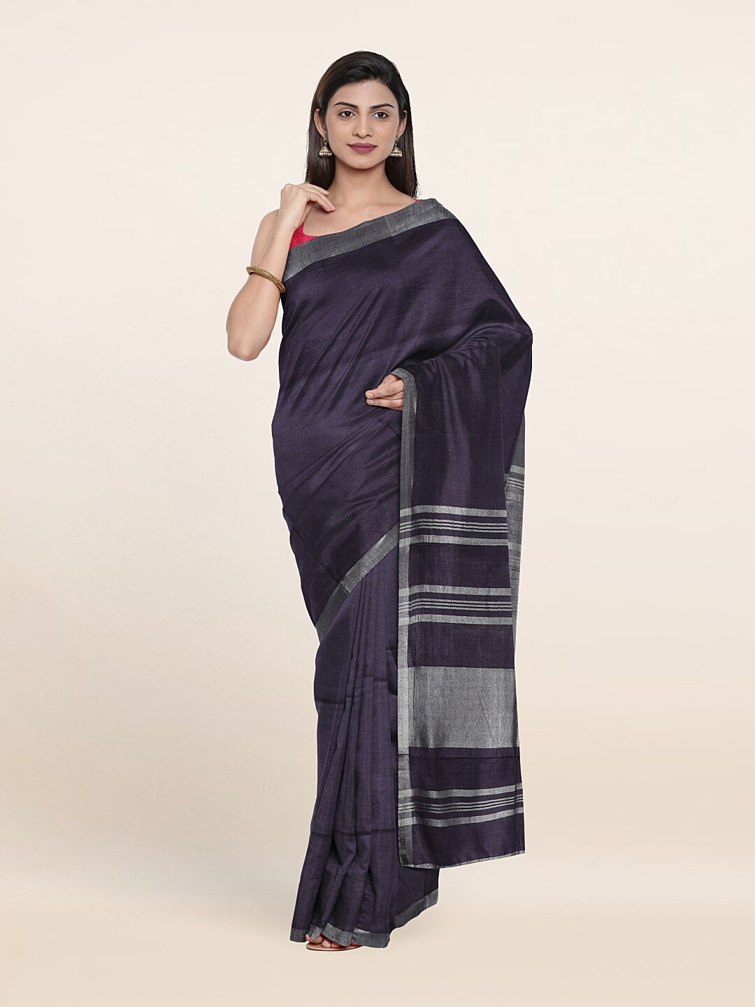 

Pothys Navy Blue & Silver-Toned Zari Linen Blend Saree