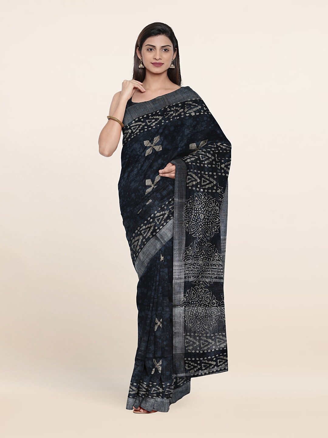 

Pothys Blue & Silver-Toned Batik Zari Linen Blend Saree